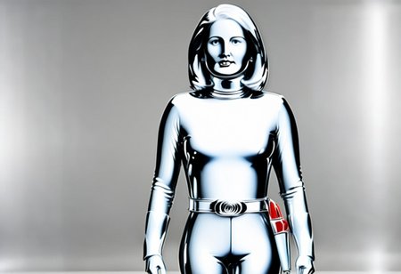 chrome statue of power ranger Ellie, side-parting voluminous straight shoulder-length chrome bob hair, alone, helmetless, chrome catsuit, chrome turtleneck collar, chrome gloves belt, serious facial expression, mouth closed, mouth shut, entirely made of chrome, command centre, hyperdetailed photography