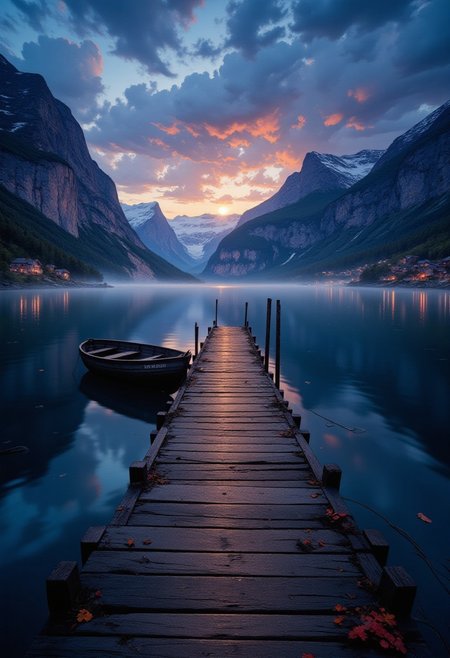 Twilight in a Norwegian Fjord
"As the last rays of sunlight fade behind towering cliffs, the deep waters of the fjord turn an inky blue. A wooden dock stretches out into the stillness, its surface slick with mist. An old rowboat drifts untethered, gently knocking against the pier. Tiny lights flicker in the windows of distant hillside cabins, their reflections trembling on the water’s surface. The air is sharp with the scent of pine and brine, and in the distance, something—perhaps an animal, perhaps the wind—lets out a low, echoing call."