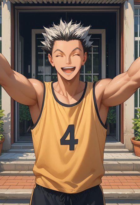score_9, score_8_up, score_7_up, source_anime, rating_safe, hands with five fingers, Bokaikyu, muscular, plain yellow tank top, black shorts, closed eyes, outstretched arms, fists, open mouth, wide smile, outdoor supermarket exterior, sliding door, happy-cheery,