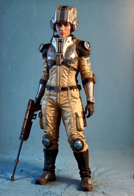 badass Corpus, corpus crewman, Tan and black corpus suit, corpus tileset,  1boy, wearing cirpus crewman outfit, wearing corpus crewman helmet, holding gun, holding dera rifle, Dera, corpus gun, gun, dera rifle, dera gun,
(Corpus helmet, wearing helmet, wearing corpus helmet), , (dark shot:1.17), ((epic)) realistic, faded, , art, (hdr:1.5), (muted colors:1.2), hyperdetailed, (artstation:1.5), cinematic, warm lights, dramatic light, (intricate details:1.1), complex background, (rutkowski:0.8),((full body:1.9)), by Blizzard entertainment, big armor, l, wearing corpus helmet, low light, facing camera, lot of details, detailed armor, half side portrait, on corpus tileset, (night time),