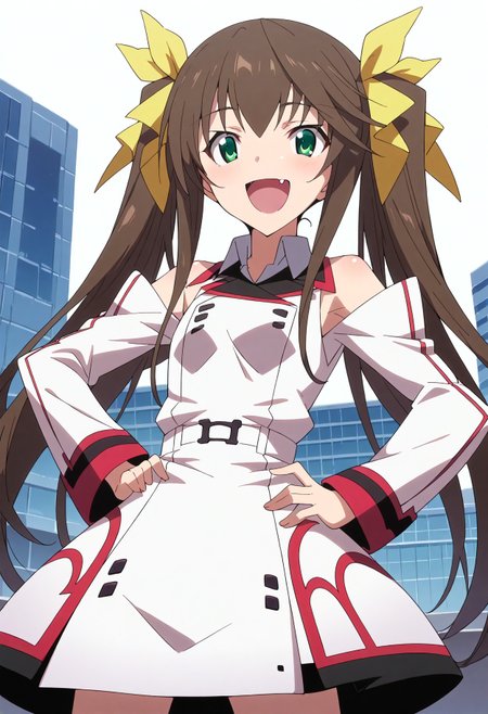 score_9, score_8_up, score_7_up, source_anime, masterpiece, best quality,perfect anatomy,rin,def,hands on own hips,open mouth,smile,happy,skin fang,rating_safe,happy,cowboy shot,dutch angle  <lora:rin.pony:1>