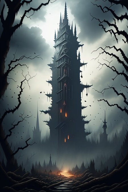 (masterpiece:1.2), (best quality,:1.2), 8k, HDR, ultra detailed, ((photorealistic)), professional light, cinematic lighting, fashion photography, ambient lighting, background, a dark gothic tower in a clearing of a sinister forest,  Darkness, <lora:Darkness-10:1>,  epiCPhoto,