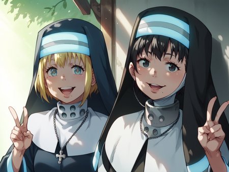 score_9, score_8_up, score_7_up, score_6_up, score_5_up, <lora:fforceXLP:1> fforce, 2girls, multiple girls, nun, blonde hair, mole, habit, mole under mouth, black hair, jewelry, necklace, open mouth, smile, v, shade, short hair, sunlight, dappled sunlight, looking at viewer