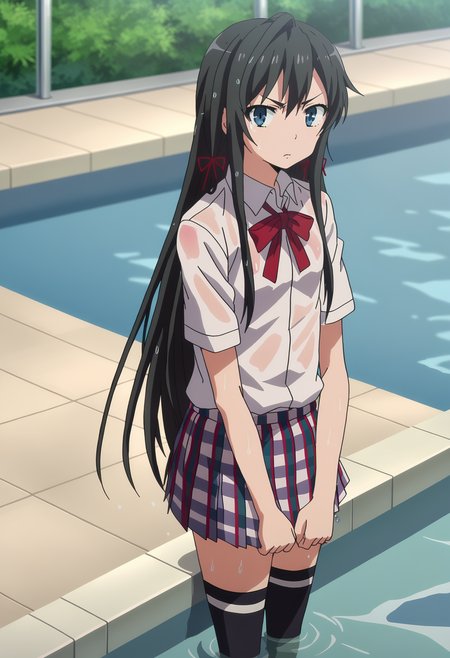 score_9, score_8_up, score_7_up, source_anime,
BREAK
1girl, solo, anime coloring, anime screencap, 
<lora:shiYukinoV2:1>, wyukidef, black hair, long hair, blue eyes, hair ribbon,
striped thighhighs, pleated skirt, collared shirt, white shirt, plaid skirt,  very long hair, school uniform, black thighhighs, sobu high school uniform,
partially submerged, wet, wet clothes, angry, 
looking at viewer, outdoors, pool,