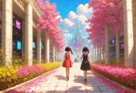 (score_9, score_8_up, score_7_up), anime, multiple_girls, walking_together, holding_hands, postcard, cyborg, sanakan, twintails, human face, porcelain_face, vr_headset covering eyes, alternate costume, futuristic, pinafore_dress, outdoors, neoclassical palace, lilly garden, surrounded by blooming flowers, ultra-detailed, smooth_texture, glossy_texture, intricate_details, foreground, background, middle_ground, [layered_composition], ar-glitch, glitch, tmnh <lora:Glitch:1> <lora:Tsutomu_Nihei_Blame_Style:1>