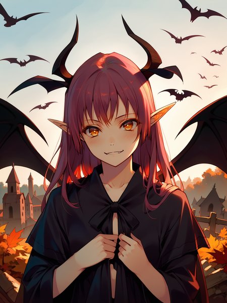 (upper body:1.2) <lora:happy_tentacle-succubus-v0.2-000043:1>, ht_succubus, demon wings, demon tail, hair ribbon (petite:1.2), ( :1.1) ( ( head tilt :0.8) , , ( :1.2) , , (looking at viewer:0.6) :1) , outdoors, vegetation, ( :1.1), autumn , (dawn :0.6), (blue sky:0.6) , (:0.5), , ( :0.8), ritual, ceremony, (horror \(theme\):1.2), sacrifice, witchcraft, (candlelight:0.5) ( :0.8) score_9, score_8_up, score_7_up, score_6_up, score_5_up, score_4_up, ( [(realistic, photorealistic:1.3):(realistic:1.3):18] [(3d:1.2)::16] :1) <lora:LUUNA's Lunas-NijiJourney-SDXL-B2:0.35>, nijijourney <lora:prgfrg23's Counterfeit-V3.0 Style SDXL_LoRA_Pony Diffusion V6 XL:0.5> <lora:mfcg's mfcgXL:0.12> <lora:reweik's gyokai(himehajime)_PonyXL_style_v01:0.14>