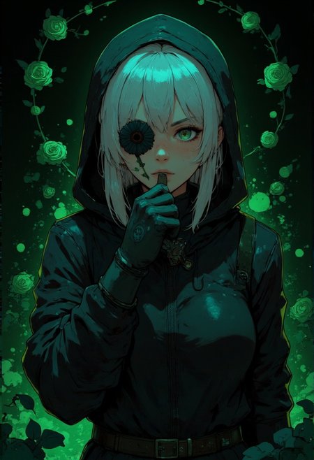 This is a digital illustration in a fantasy art style, featuring a woman with a ethereal black and green mist surrounding her body. The mist creates a dramatic and surreal effect. A black flower, that is blooming, covering one eye, attached to the face. The woman has a cold aesthetic, complimented by her white hair. Anime art of woman draped in shadows with a lighting that enhances her unique features. The background is dark green, filled with black rose petals. Holding finger to lips, shush, shushing motion,