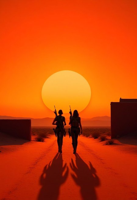 ispzxll, diorama, isometric, miniature, volumetric lighting style, intricate details, desolate city screen, dusty sky, iconic shot, isolated, lonely, orange sky, red dirt, walking away, golden hour, epic, setting sun on horizon, film scene, three slim female figure silhouettes, badass women, carrying rifles