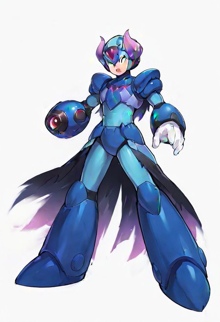 masterpiece, best quality, amazing quality, highres, high resolution, solo, score_9, score_8_up, score_7_up, 1boy, 1boy, :green_eyes, blue_helmet, blue_armor, blue_bodysuit, white_gloves, blue_boots, arm cannon, megax, gore magala armor, purple horn ornament, black cape,, full body,