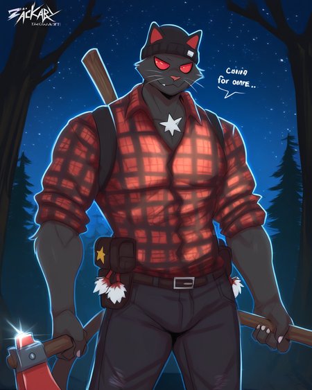 meowscles,black pants,red plaid,plaid shirt,lumberjack,plaid beanie,pom pom beanie,axe,
in a forest,night time,stars \(sky\),
by zackary911,furry,masterpiece,
<lora:meowsclesVPred-step00001500:0.7>,