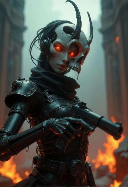 Baroque, gun in hand, pointed at the camera, Gun fire, dynamic motion. Beautiful female cyborg with white porcelain face and mechanical parts, wearing samurai armor in the style of Ghost in the Shell by Katsuhiro Otomo, with wires connected to their heads and necks, a foggy background, a cinematic shot, and cyberpunk aesthetics.
High quality 3D portrait rendering of a Ghoul guarding the gates of Hell. Burning hellish skull, sparkling red eyes. Slender tall body, highly detailed skeleton covered in rags. Highly detailed flames and fire on the background, dark fantasy horror, fantasy red dramatic and cinematic lighting, artstation, soft-focus, FOD, f/2.2.
 <lora:flux.1_lora_flyway_Epic-detail_v2:0.5> <lora:Midjourney_-_SemiReal_Dreams_FLUX_LoRA:1>  <lora:DarksunRIDDV3:0.3>, dramatic, exuberant, grandeur, baroque art