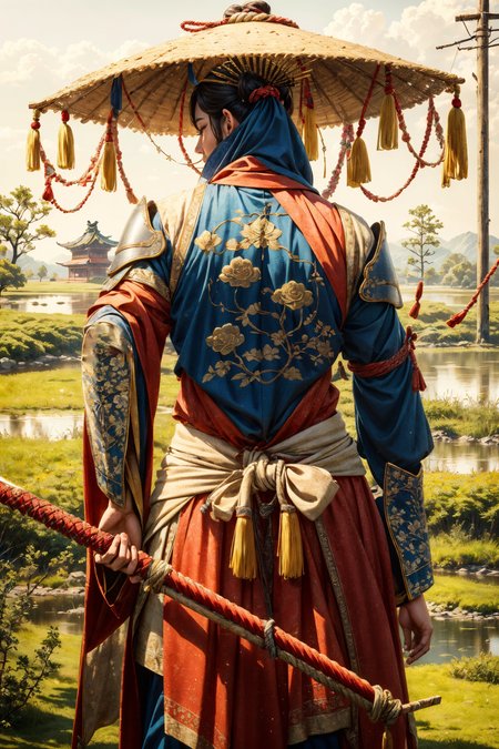 (best quality, masterpiece:1.2), highly detailed, photorealism, photo-realistic, high contrast, vibrant colors, colorful, (photorealistic:1.4), (perfect male figure), beautiful face, perfect illumination, beautiful detailed eyes, stunningly beautiful, detailed hairstyle, 8k high definition detailed realistic, photon mapping, radiosity, physically-based rendering, backlight, 1girl, from behind, female chinese assassins creed outfit, chinese village, (female samurai:1.1), wearing a chinese straw hat, cherry trees, flying leaves, standing on the edge of a building, looking down the city