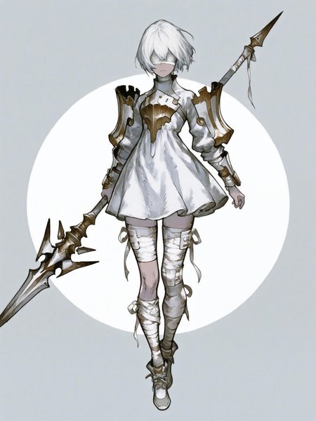 1girl, light skin, white hair, (short hair:1.1),serious expression,holding a large, stylized spear, (detailed clothing:1.2), light gray and white dress with segmented armor, bandages wrapped around legs, (accessories:1.1), (shoes:1.1), centered in frame, facing viewer,full body
