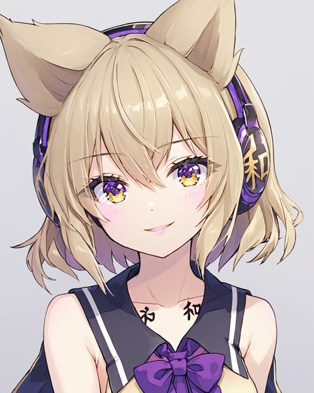 toyosatomimi no miko,1girl, solo, upper_body, earmuffs, looking_at_viewer, smile, simple_background, bare_shoulders, open_mouth, medium_breasts, sleeveless_shirt, chest_tattoo, grey_background, neck_ribbon, purple_bowtie, collarbone, lips
<lora:toyosatomimi_no_miko_image4798_2023-12-20-000009:1>,star-shaped_pupils,symbol-shaped_pupils,. gorgeous,key visual, vibrant, studio anime,award-winning, professional, highly detailed,high budget, cinemascope