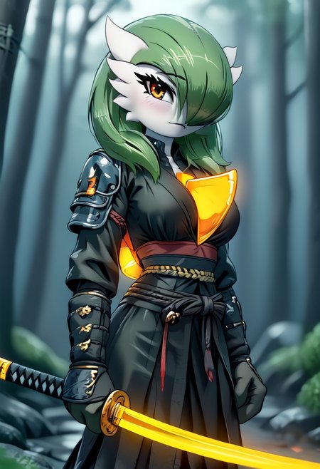 (((gardevoir))), female, anthro, masterpiece, ultimate detailed, tiny finnest details,
rilex lenov artstyle, Fierce japanese gardevoir warrior is holding a reflective shiny (sword:1.3) in front of  her, (the light is reflected in the katana blade:1.6),, looking at viewer, close-up,
