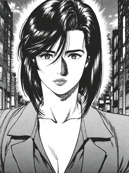 masterpiece, best quality, newest, absurdres, highres, detailed eyes, beautiful, detailed background, perfect eyes, anime coloring, anime screencap,
city hunter,official art, 
<lora:saeko_final_Z:1>,
saenog, greyscale, monochrome, large breasts, medium hair, lips,