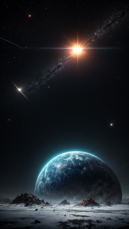 The starry sky, (detailed realistic background:1.33), ray tracing, BREAK
full shot, full body, full body view, BREAK
The final eclipse,  3D illustration of science fiction scene, astronaut viewing solar eclipse from mountain surrounded by asteroids in space, weightlessness
more stars, more ice
<lora:more_details:0.7>
<lora:epi_noiseoffset2:0.5>
<lora:DarkIncursioStyle:0.8>, ((masterpiece, best quality), ultra realistic 8k), UHD, HDR, high resolution, (cinematic look), cinematic lighting, soft cinematic light, cinematic bloom, soothing tones, insane details, abundant details, intricate details, hyperdetailed, photorealistic, realism pushed to extreme, incredibly lifelike, highest quality, detailed background, dramatic lighting, sharp focus, BREAK, ((intricate details)), hdr, ((intricate details, hyperdetailed)), extremely high-resolution details, BREAK