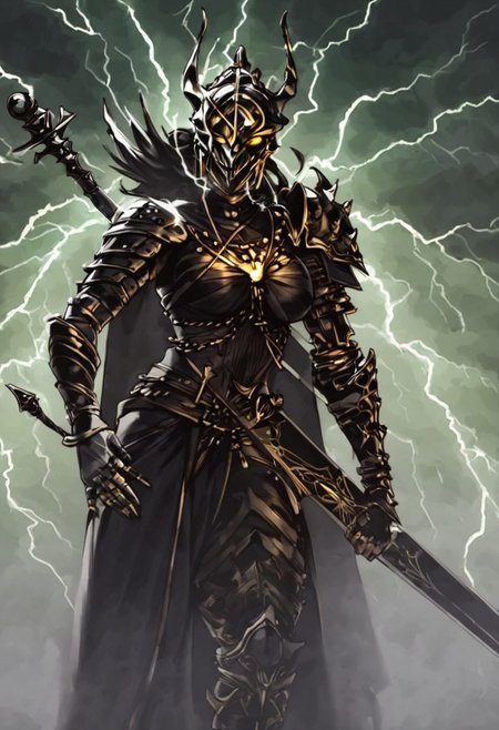(dark Fantasy setting:1.2),Lord female black knight holding a holy light glowing GREATSWORD, piercing through a dark giant skeleton beast Paarl, with lightning flashing aura