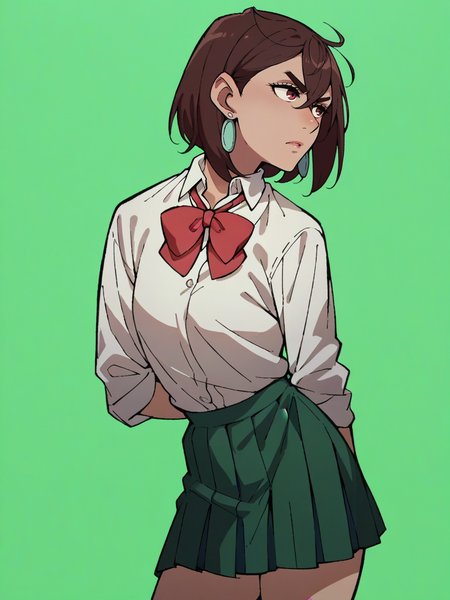 score_9, score_8_up, score_7_up, score_6_up, score_5_up,   <lora:dandadanXLP:1> dan, 1girl, brown hair, school uniform, green background