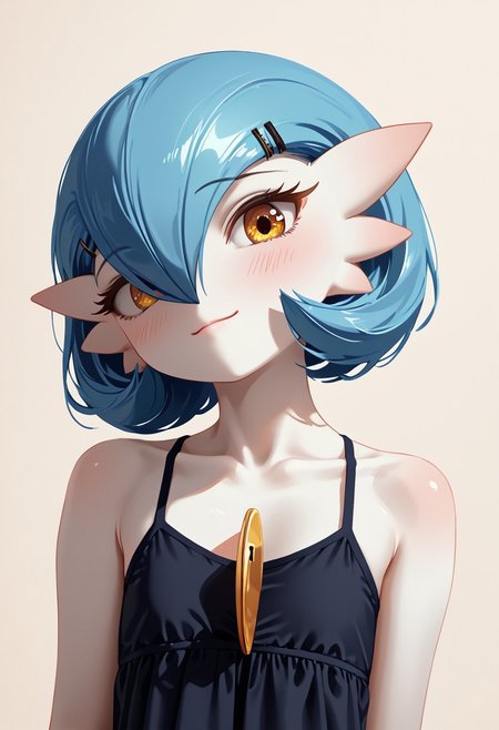 (((Gardevoir))), Female, anthro, ((pale white skin)), Stable_Yogis_PDXL_Positives, zPDXL3, Expressiveh, score_9, score_8_up, score_7_up, masterpiece, source anime, Anime Style, Raw Photo, midjourneyv6.1,
dutch angle, dynamic light, 
1girl, solo, ((short hair)), flatchest, looking at viewer, blush, smile, (golden eyes), flat chest, blue hair, (casual black dress), detailed dress, hair between eyes, closed mouth,  covered shoulders, flat chest, collarbone, upper body,  hair clips, casual dress,  eyelashes, head tilt, crossed bangs, ((plain background)), (((croma key background))), (lineless:1.5), FastNegativeV2