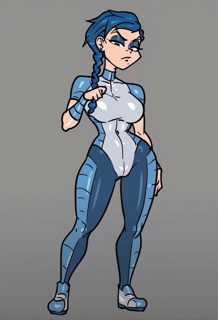 score_9, score_8_up, score_7_up, anna, 
solo,1girl ,breasts, braid, blue hair, long hair, braid,great shading,,open eyes, eyeshadow, blue eyeshadow,makeup,, eyebrow piercing, piercing, 
blue motosuit, 
standing pose, looking at viewer, full body
gray background,