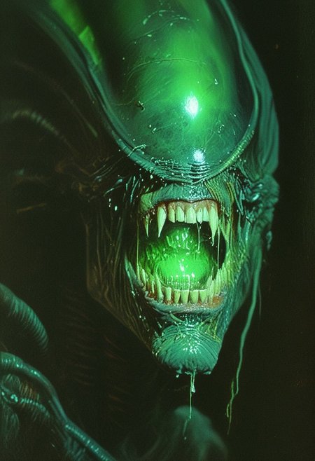 Xenomorph, solo, dark, light, a green light illuminates part of the face, masterpiece, best quality, very aesthetic, close up, 
horror, hyperrealistic, DnD_Grainyboyz, grainy, noise,
