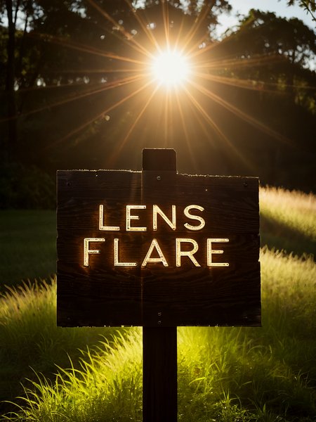A wooden sign that reads "Lens Flare". The words "Lens Flare" on a wooden sign.

<lora:LensFlare01a_CE_XL_300-OT:0.3> lnsflrCE_style
