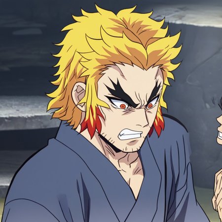possessing unruly blonde hair that flares out around his face, becoming redder near the ends above his ears, that he wears messily tied back behind his head. He has fair skin, bushy black eyebrows and bright, orange eyes that redden near the pupils, that are slanted inwards and shaped so as to give him a furious appearance, Shinjuro wears a traditional kimono robe. ng_deepnegative_v1_75t, easynegative, blonde hair with red tips, smooth anime, animescreencap,