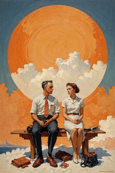(art by Norman Rockwell and Bahgat Osman:1.2), bold lines,
grand and endless horizons atmosphere with transmittance, magnificent details,
(light orange and blush colors:0.1),  (center composition:0.1),
<lora:add-detail-xl:1> <lora:xl_more_art-full_v1:0.5> <lora:DiscoDeliriumXL-v1.2:0.25>