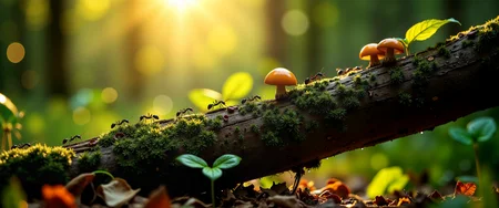 ultra-high-resolution, 8k, 4k, bokeh-macro, macro nature photography with cinematic depth and realism, a fallen tree becomes a bridge teeming with ant activity, the background fades into a dreamy blur of green undergrowth and forest floor, the tree trunk is blanketed in vibrant moss and dotted with tiny mushrooms, scattered with fallen leaves and beaded with delicate morning dew, soft light filtering through a forest canopy dances across the scene in dappled, golden patches, ants follow a winding trail along the natural contours of the bark, tiny reflections visible in dewdrops, occasional fallen petals or twigs scattered around as environmental details, close-up macro shot with a short depth of field and pronounced bokeh, shot from a low antâs-eye perspective, the background melting into a soft blur of forest texture, sunbeams break through the canopy in patches, catching the dew and lichen with warm highlights, the main light source a slanted ray of early morning sun, shot in ultra-high-resolution with a wide-format sensor, with nature photography lenses and cinematic grading, ovg, photograph, <lora:bokeh_and_macro-flux-by_marielle:0.44>