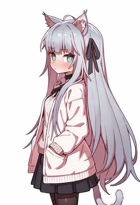 NoGamenoLifeStyle, <lora:No_Game_no_Life IL:0.8>,
Wagashi_(Dagashiya), <lora:Wagashi_IL:0.8>,
detailed, <lora:Detailer_NoobAI_Incrs_v1:0.6>,
<lora:FantasyWizardWitchesIL:0.6>, hkmagic,
1girl, animal ears, cat ears, infection monitor (arknights), cat tail, skirt, solo, tail, grey hair, white background, long hair, cat girl, black skirt, shirt, pantyhose, simple background, white shirt, ribbon, hair ribbon, black pantyhose, pleated skirt, looking at viewer, long sleeves, blush, black ribbon, arms behind back, collar, hands in pockets, closed mouth, blue eyes, white sweater, from side, ahoge, standing, very long hair,