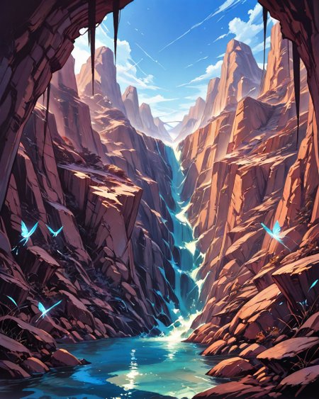 (epic landscape:1.5),  (Katsuhiro Otomo   drawing), ( Masamune Shirow  painting),best quality, masterpiece, extremely detailed,  professional  art,  professional painting, an extremely delicate and beautiful, dynamic,  great lighting, perfect shading, professional shading, depth of field,   side soft light, elegant, gorgeous, highly detailed,   full shot, uncropped,   pure genious, absolutely perfect,  highly detailed, breathtaking,
A dramatic canyon carved by a winding river, with towering rock formations and a clear blue sky above, primeval jungles where feathered serpents nest in crystal ziggurats, the canopy alive with swarms of razor butterflies,
<lora:EldritchRomanceIllustration1.3.1:0.5>,
<lora:- SDXL - vanta-black_contrast_V3.0:0.2>,
<lora:add-detail-xl:0.7>,
<lora:detailed_notrigger:0.7>,