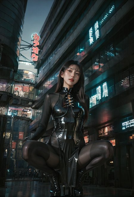 ,ruanyi0887,skyscraper,outdoors,night,neon lights,,ruanyi0849,black bodysuit,black dress,latex bodysuit,side slit,see-through,pelvic curtain,cross-laced clothes,pantyhose,1girl,solo,squatting,spread legs,<lora:0887 Commercial street at night_v1_pony:1>,<lora:0849 black cheongsam v2_pony:0.7>, score_9,score_8_up,score_7_up,,8k,1girl,solo,,