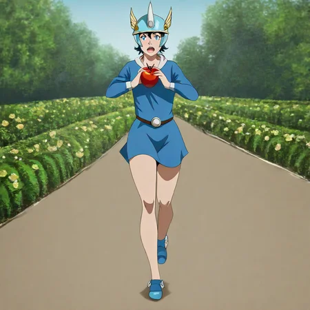 amazing photo, h_mercury, running,talaria,headgear,petasos,blue outfit,hold an apple, background garden of eden<lora:Mercury:0.7>  <lora:Mezzotint_Artstyle_for_Flux_-_by_Ethanar:0.5> <lora:CPA:0.6>anime style <lora:RetroAnimeFluxV1:0.6>