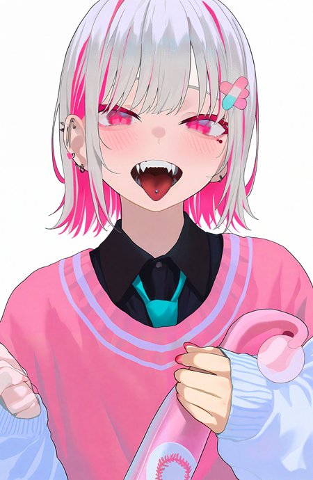 1girl, solo, looking_at_viewer, blush, open_mouth, short_hair, simple_background, shirt, long_sleeves, white_background, holding, upper_body, white_hair, pink_hair, multicolored_hair, necktie, collared_shirt, tongue, tongue_out, nail_polish, two-tone_hair, streaked_hair, sweater, fingernails, sleeves_past_wrists, fangs, piercing, ear_piercing, bandaid, pink_nails, baseball_bat, tongue_piercing, nail, holding_baseball_bat