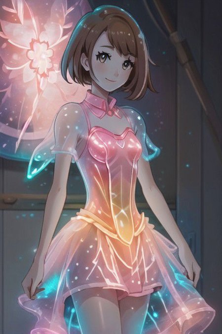 gloria \(pokemon\), small smile, pink bioluminescent dress, 1girl,