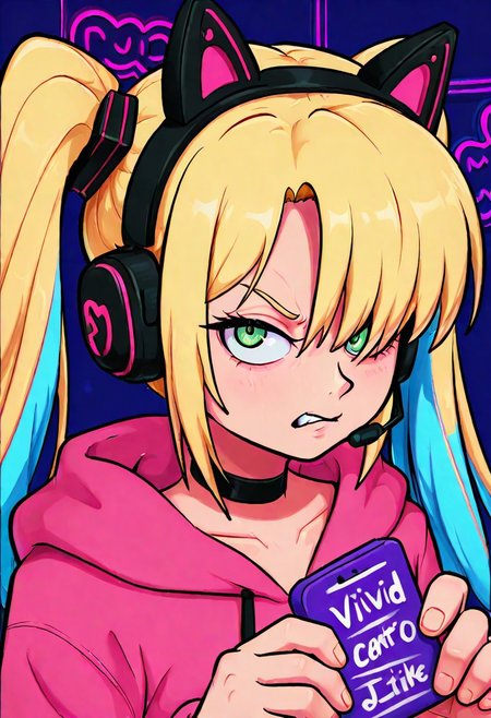 masterpiece, best quality, absurdres, highres, chromatic aberration, 1girl, solo, green eyes, eyelashes, long hair, two-toned hair, blonde hair, blue hair, twintails, bangs, hair over one eye, headset with fake cat ears, holding, black choker, long oversized hoodie, angry, looking at viewer, hypnotized eyes, upper body, closeup, face focus, simple background, psychedelic background, highly detailed, neon lights, vivid colors