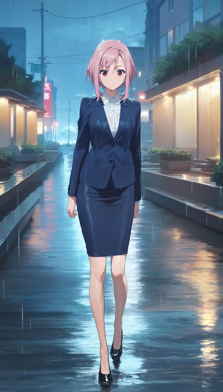 score_9,score_8_up,score_7_up,
<lora:yoshinokoharu:0.8>,
yoshinokoharu,animated,
1girl,solo,
pink hair,short hair,bangs,
red eyes,looking at viewer,
blue blazer,white shirt,blue pencil skirt,wet hair, wet dress, 
black shoes,
full body,walking,
outdoors,cityscape,night,light particles,downtown,rain,