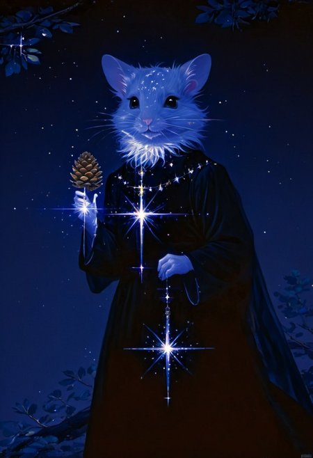 (a mice), red pupil, (in black european style palace clothes medieval glittering:1.7), stretches from a birch tree trunk, (hold up a giant holy pinecone:1.9), against a soft-focus black background, (detailed claw), (aaar7gl), (sparkle:1.9), (night), (very dark environment), moon, (gleam:1.9), painting, drawing, 8k uhd, dslr, soft lighting, best quality, film grain, masterpiece, aesthetic, (animal focus, no human:1.6), (open mouth:1.7), blinking starry sky, crown, jewelry,