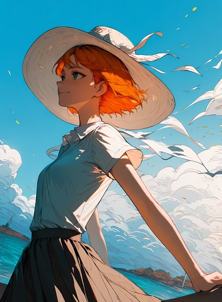 1girl, small breasts, ginger, skirt, smile, looking away, sun hat, outdoors, wind, dynamic angle, from side, (masterpiece, best quality, absurdres, highres, newest, very awa), <lora:ponyv5_noobE11_1_adamW:0.9>,