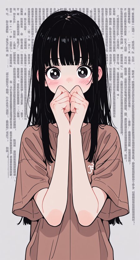 masterpiece,best quality,amazing quality, 1girl, solo, long hair, looking at viewer, blush, shirt, black hair, upper body, short sleeves, blunt bangs, grey background, black eyes, chinese text, covering own mouth, brown shirt, hands over own mouth, wall of text, Flatline, Flat vector illustration,
rapscallionstyle <lora:ponyv6_noobE11_2_adamW-000017:0.3> <lora:mon_monmon2133:0.6> <lora:114558v4df2fsdf5:1> <lora:checkpoint-e18_s306:1.3> <lora:Rapscallion_Illustrious:0.7>