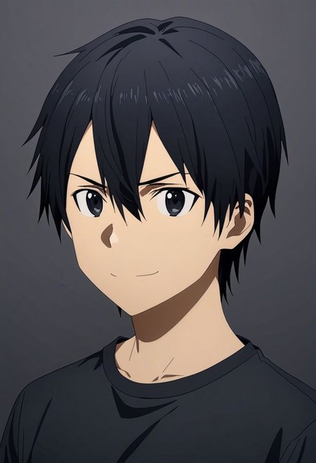 high resolution, professional photography, best quality, 1Boy, Kirigaya Kazuto, Black Hair, Black Eyes, dark t-shirt, ID Photo Style, looking at viewer, focused gaze forward, plain background, straight body, head upright, angry, smile, overalldetail