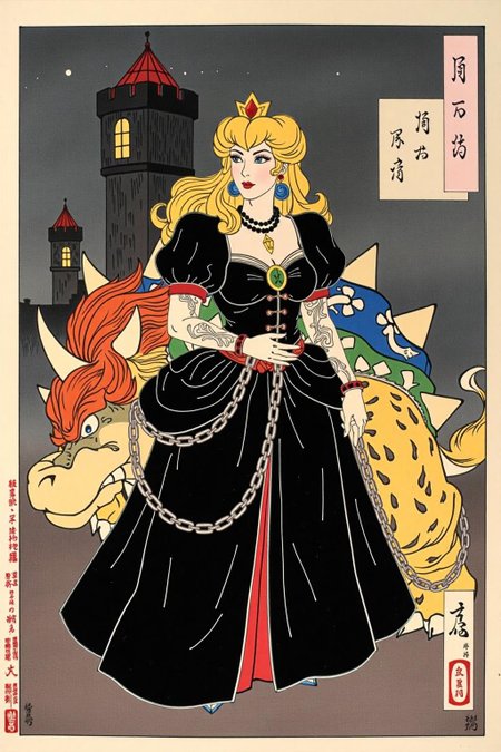 tsukioka1 Japanese woodblock print ukiyo-e. 
A gothic Princess Peach, adorned in a striking black alternative costume, confidently dominates a defeated Bowser with a gleaming chain. Intricate tattoos and piercings enhance her fierce aura, set against a dark, moody castle backdrop. <lora:schnell_v1.0:1.0> <lora:tsukioka_ukyo-e4_nocap_d8a4:1.0><lora:798026759493731782:0>
