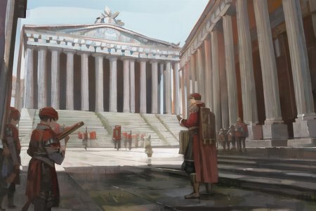 a painting of a roman soldier standing in front of a building with columns and columns on it's sides