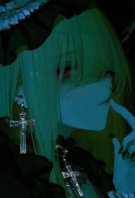 1girl, cross, solo, jewelry, earrings, cross earrings, black nails, red eyes, looking at viewer, hat, hair between eyes, long hair, closed mouth, black headwear, fingernails, portrait, blonde hair, finger to mouth, bangs <lora:748cmXL_NBVP1_lokr_V6311PZ:0.95>