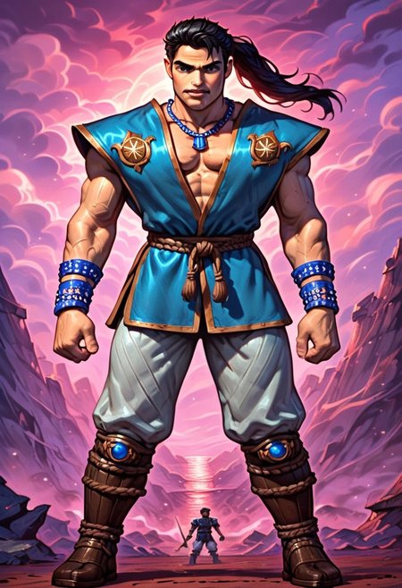 DonMC0m1cM4g1cXL, (dark, fantasy, magical, eerie) score_9, score_8_up, score_7_up, score_6_up, Kaze_Primal, black eyes, black hair, long hair, ponytail, blue gi-esque garment, brown lining, brown belt, two brown medallions on the chest,  white pants, brown boots, armored boots, Kogake, necklace, wristbands , katanal, BREAK,  background, plain, purple sky