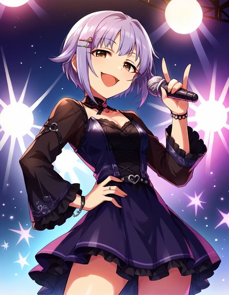 score_9,score_8_up,score_7_up,1girl,solo,cowboy shot,looking at viewer,smile,open mouth,hand on hip,holding microphone,stage lights,
<lora:koshimizusachiko_ponyXLV6:0.8>,cgksc,
purple hair,short hair,brown eyes,
hairclip,gothic fashion