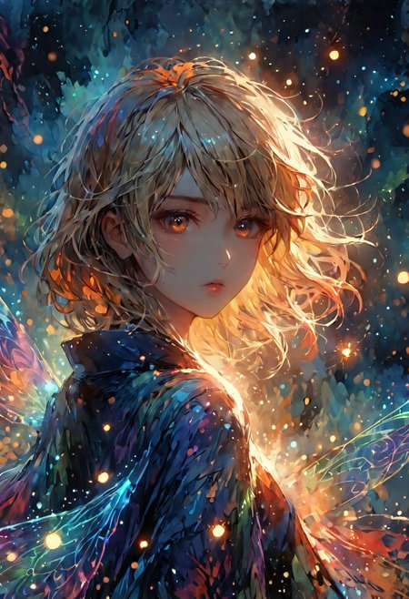 (mix of watercolor and oil painting, ukyio-e, RAW photo, photorealism, photo studio, etheral, motion lines, glowing, Chiaroscuro, 1girl, woman, female focus, solo, adult female,ash blonde Medium hair, brown eye, wondering gaze,in a dystopian landscape background,deep colors, vivid, colorful, fairy tale aethestics, magic, fireflies, cinematic composition, volumetric lighting,volumetric fogs, volumetric dusk, lots of volumetric clouds, cinematic composition, from behind,chiaroscuro,celestial, ethereal)