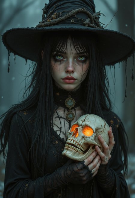 analog film photo Tragic gothic witch with wild, tangled black hair, hollow electric blue eyes, and smudged mascara trailing down her cheeks. She clutches a softly glowing skull, staring into it with quiet despair. Her dark, sleek, elegant fashion is adorned with faded occult symbols, hinting at forgotten rituals and lost love. A sense of grief, dread, and ancient sorrow lingers in the air. Rendered in a style blending horror and mournful fantasy, with hyper-detailed features and a haunting, spectral presence. The background is a cold, starless night veiled in silent fog and whispers of forgotten magic., <lora:aidmaFLuxPro1.1_v0.3:0.5> aidmafluxpro1.1 . <lora:OBååå®èåç»V2.0:0.6> obxiaoxiang <lora:FluxD3tailedP0rtraits:0.4> . faded film, desaturated, 35mm photo, grainy, vignette, vintage, Kodachrome, Lomography, stained, highly detailed, found footage