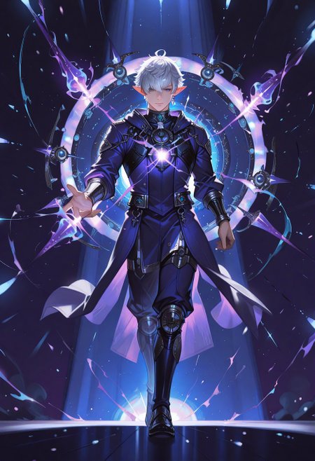 masterpiece, best quality, newest, highres, incredibly_absurdres, Storytelling visuals, (1boy:1.2), manly face, male, Purple and teal ombre, ultrawide shot, Hard light from a spotlight for dramatic effect (Hard Spot Light)., holding or channeling glowing energy orbs or constructs., solo, meidum shot, (echo_(circa):1.2), alphinaud  <lora:illu\enhance\Accelerater_ILL_PAseer.safetensors:1.0:1.0> <lora:illu\enhance\ponyv6_noobV1_2_adamW-000017.safetensors:1.0000000000000002:1.0000000000000002> <lora:illu\new\Alphinaud_Leveilleur_アルフィノルヴェユール_Arufino_Ruveyūru_Final_Fantasy_XIV_Character_LoRA.safetensors:0.6000000000000001:0.6000000000000001>